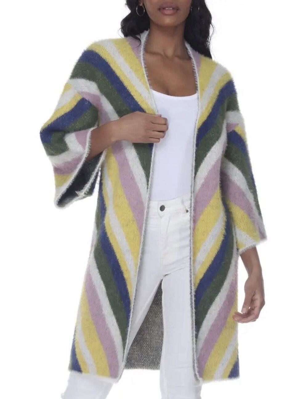 OLIVER O Super Soft Retro-Style Diagonal Rainbow Striped Fuzzy Knit Cardigan L